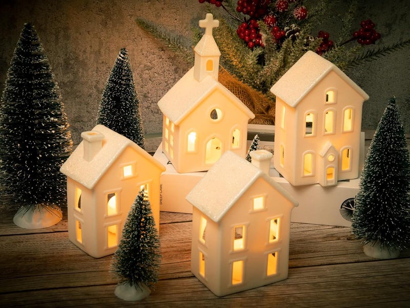 BUTITNOW 9 Pcs Christmas Village Figurines Sets - 4 Lighted Ceramic Houses with Remote Control & 5 Trees - Christmas Decorations Indoor - White Xmas Holiday Farmhouse Rustic Decor for Home Table Room - Image 5